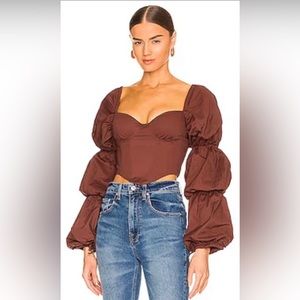 MAJORELLE Brown Puff Sleeve Corset Top